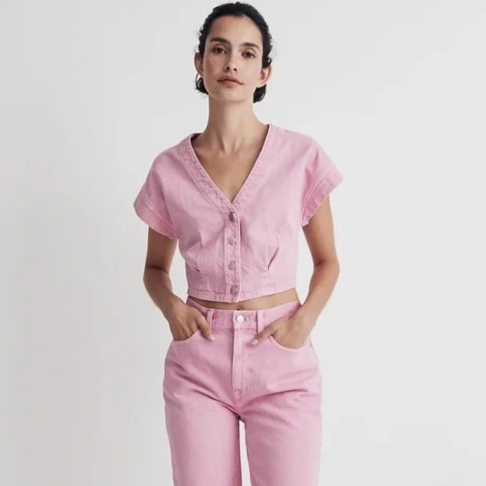 NWT - Madewell Garment Dyed Denim Cap-Sleeve Crop Top in Retro Pink, Size 2